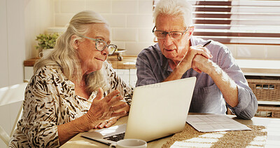 Buy stock photo Senior couple, laptop and finance with documents in retirement home for pension fund or budget. Elderly, man and woman with paperwork on computer for financial planning or asset management in house