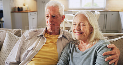 Buy stock photo Senior couple, happy or watching TV on sofa with bonding together, entertainment or streaming film. Hug, elderly people or relax in house with series subscription, weekend break or retirement support