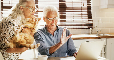 Buy stock photo Laptop, video call and elderly couple with cat, wave or web communication in kitchen for connection. Happy, network or senior people in retirement with tech, animal or conversation for social media