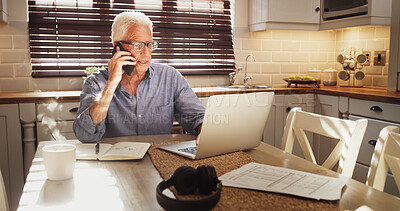 Buy stock photo Senior man, laptop and phone call in home for retirement fund query, finance planning or online help. Pensioner, old person or talking to financial agent with tech for investment guidance or question