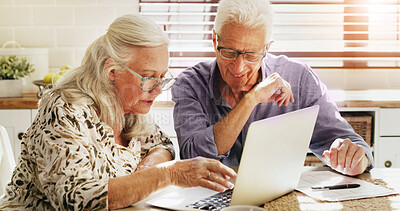 Buy stock photo Senior, happy couple and laptop with documents in retirement home for finance, fund or budget. Elderly, man and woman with paperwork on computer for financial planning or investment together in house