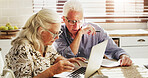 Elderly couple, laptop and finance with documents in retirement home for pension fund or budget. Senior, man and woman with paperwork on computer for financial planning or asset management in house