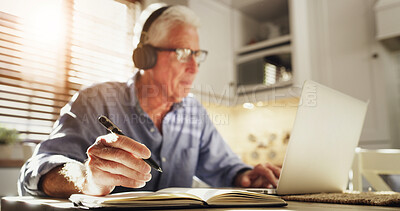 Buy stock photo Research, senior and businessman with notebook at home, review or virtual advice for client investment. Remote, strategy and financial consultant with laptop for budget, planning and risk for asset