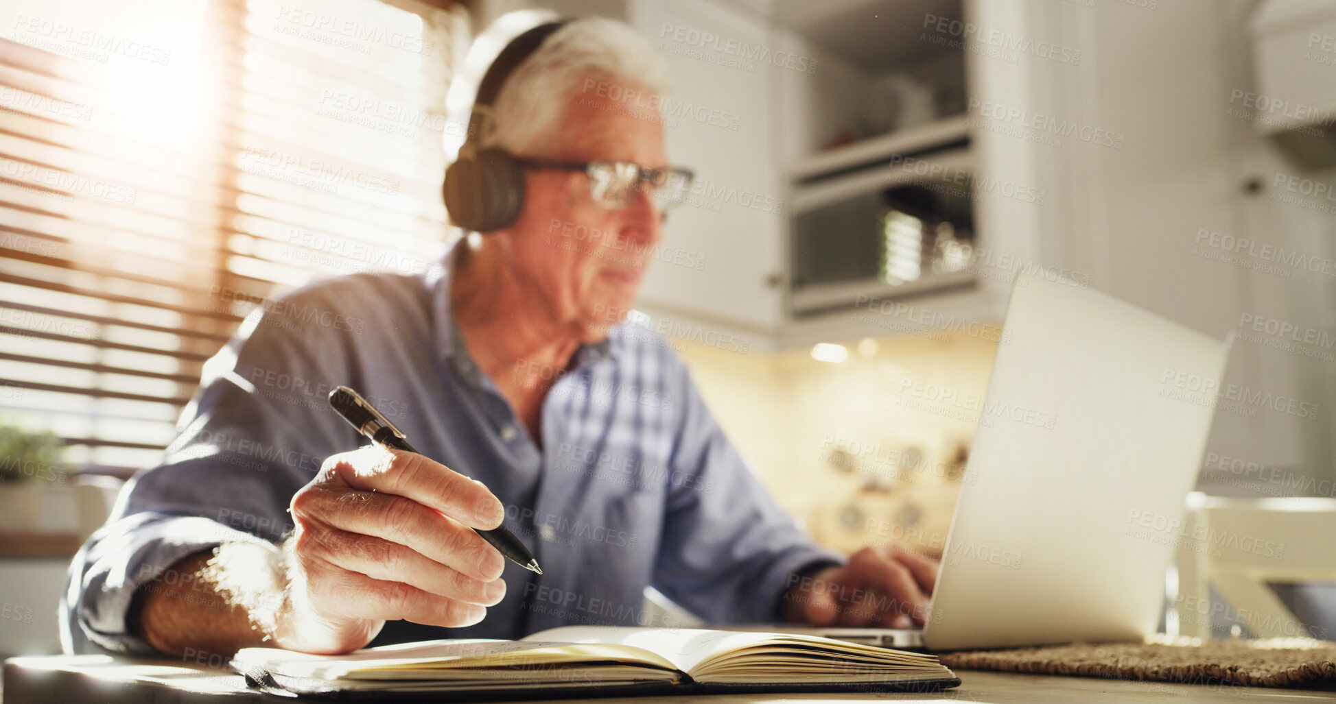 Buy stock photo Research, senior and businessman with notebook at home, review or virtual advice for client investment. Remote, strategy and financial consultant with laptop for budget, planning and risk for asset