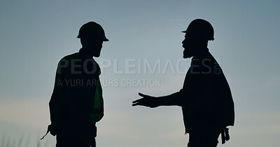 Buy stock photo Silhouette, construction and engineer team with discussion on site for building. Contractor, inspection and men in collaboration with safety, maintenance and conversation for property development.