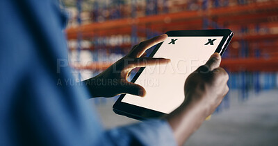 Buy stock photo Person, hands or logistics with tablet screen for inventory checklist or stock control in warehouse. Closeup, distributor or checking storage with technology mockup for supply chain or distribution
