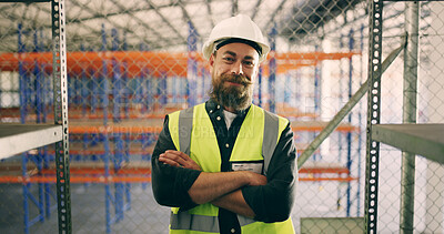Buy stock photo Man, arms crossed and smile at warehouse, storage and pride for career, logistics or industry at plant. Mature person, happy and portrait at supply chain management, distribution or confidence in USA