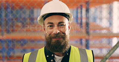 Buy stock photo Portrait, supply chain and man in warehouse, helmet and confidence with inspection. Person, hard hat and employee in factory, safety and quality control with pride, import business and engineering