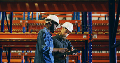 Buy stock photo Collaboration, tablet and talking with construction worker men in storage depot for inspection. Conversation, maintenance and security with developer team in warehouse for engineering or planning