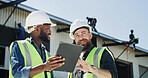 Men, engineer and tablet with discussion at construction site for review, inspection or advice for property. People, team and architect with contractor, tech and insight for real estate development