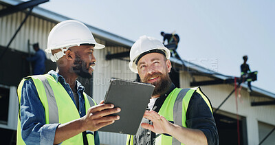 Buy stock photo Men, engineer and tablet with discussion at construction site for review, inspection or advice for property. People, team and architect with contractor, tech and insight for real estate development