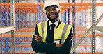Black man, arms crossed and smile at warehouse, shelves and career in logistics industry at plant. African person, happy and portrait for supply chain management at distribution depot in Nigeria