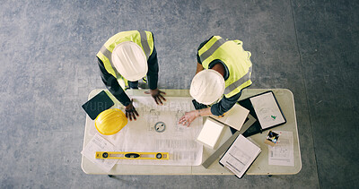Buy stock photo Above, engineer and people with blueprint for collaboration, building design and floor plan. Architect team, meeting or project in office for renovation, urban development or construction with space