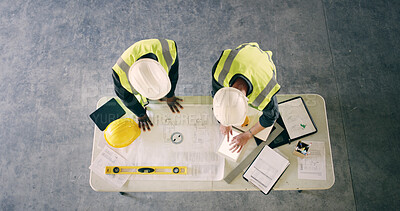 Buy stock photo Blueprint, tablet screen and architecture with people and documents for discussion, engineering and contractor. Construction team, floor plan and above of employees and paperwork for renovation space