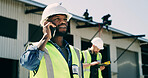 Man, engineer and phone call with talk at construction site, inspection and listen for property deal. Person, smartphone and architect with contact, discussion and insight for real estate development