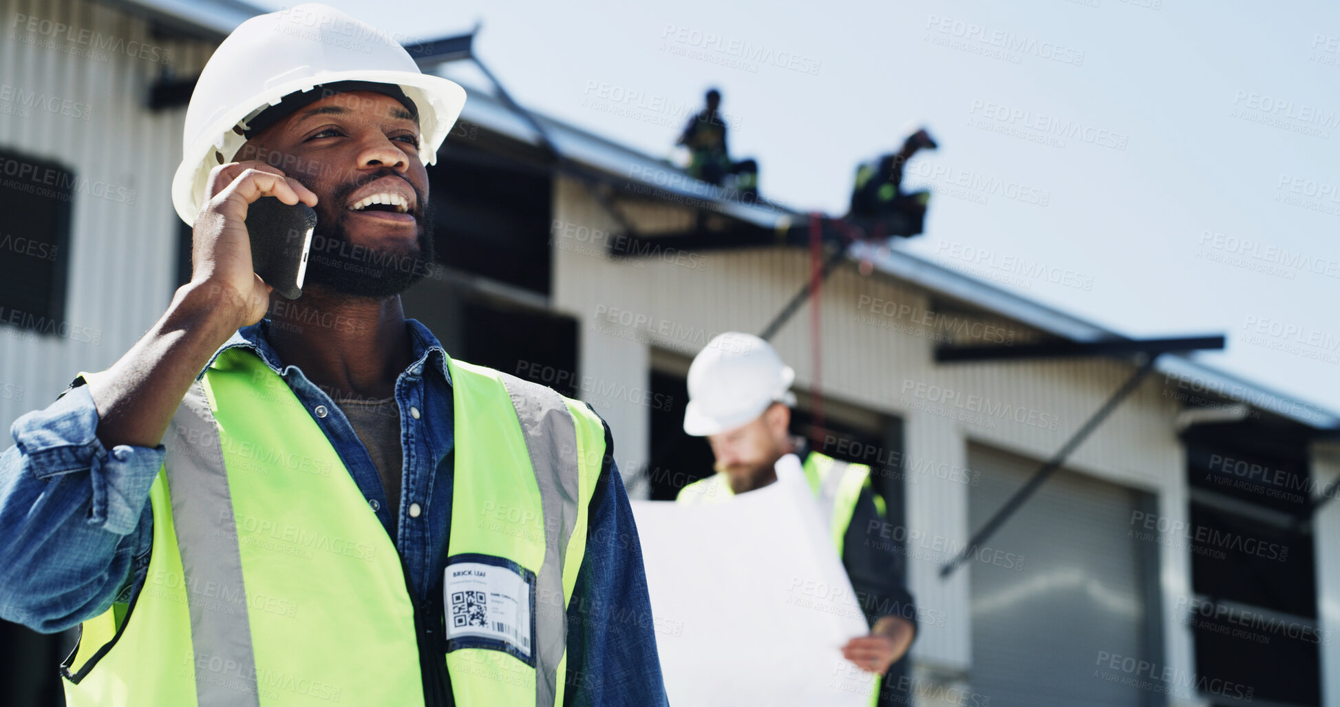 Buy stock photo Phone call, construction worker and man at warehouse for maintenance, talk and building. Mobile, engineer and conversation for communication, industrial architecture or happy with development outdoor