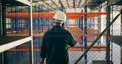 Buy stock photo Logistics, business or man in warehouse with phone call, distribution or shipping of package. Communication, back or supervisor in storage facility with tech, inventory or plan for import process 