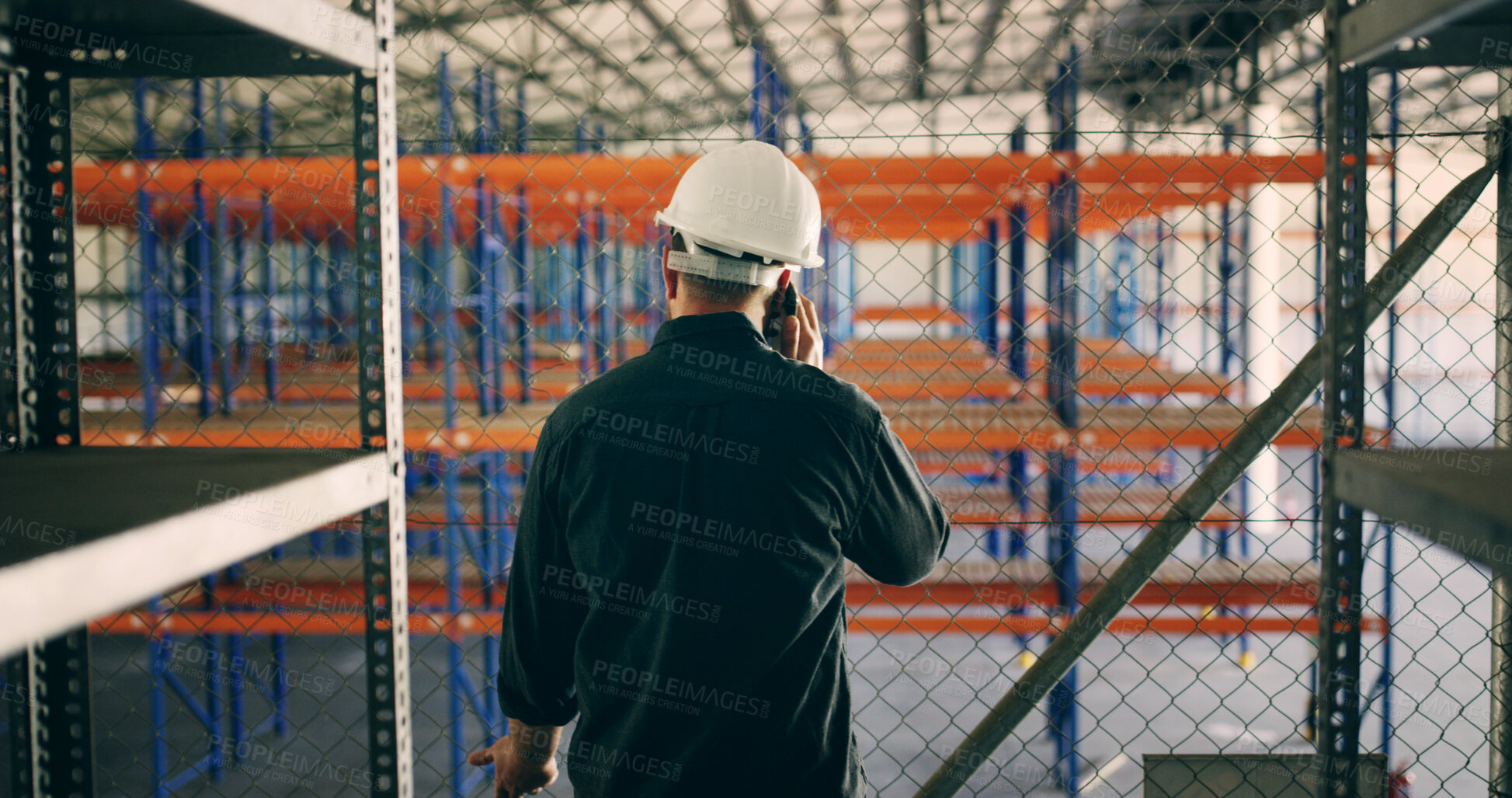 Buy stock photo Logistics, business or man in warehouse with phone call, distribution or shipping of package. Communication, back or supervisor in storage facility with tech, inventory or plan for import process 