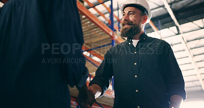 Buy stock photo Handshake, meeting and shipping with man in warehouse for welcome, logistics manager and partnership. Delivery contract, low angle and shaking hands with people, factory and  supply chain deal