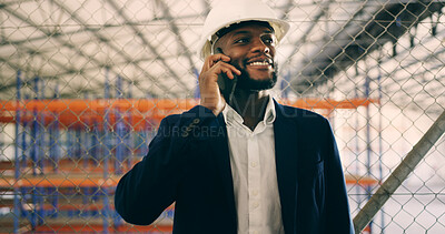 Buy stock photo Phone call, engineer and black man at warehouse for shipping, supply chain or freight logistics. Mobile, distribution or worker with conversation for export, inventory or smile for industrial storage