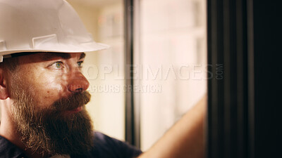 Buy stock photo Man, electrician and check machine in server room for inspection, electric maintenance and diagnostics. Male person, hardhat and database to repair cable, monitor system and troubleshooting of safety