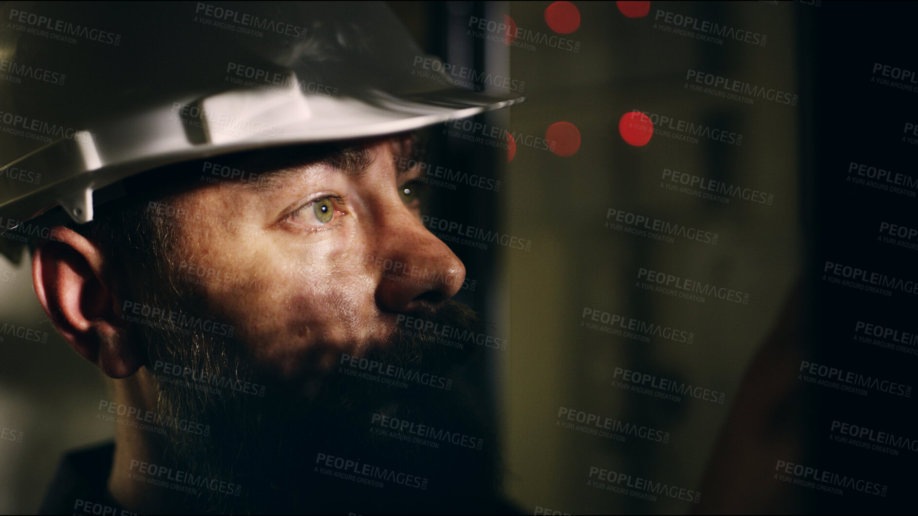 Buy stock photo Man, electrician and inspection in server room at night for safety, maintenance and diagnostics. Male technician, hardhat and assessment for hardware repairs, monitor system and power supply solution