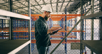 Buy stock photo Checklist, inspection and tablet with construction worker man in warehouse for agenda or schedule. App, planning and storage with person in depot for maintenance, management or manufacturing update