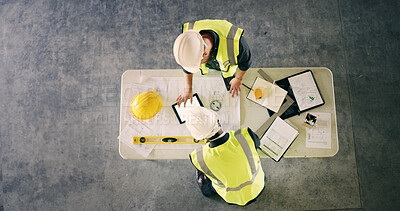 Buy stock photo Above, engineer and people with tablet for collaboration, building design and floor plan. Architect team, meeting or blueprint in office for renovation, urban development or construction with space