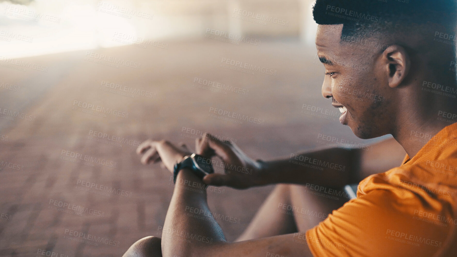 Buy stock photo Happy, black man and checking watch with fitness counter for sport app, tracking or perofrmance. Space, male person or smile with wristwatch for monitoring steps, heart rate or workout break in town