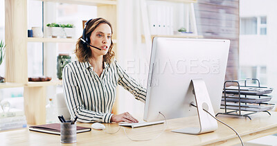 Buy stock photo Woman, computer and communication with headset at call center for support or online assistance. Female person, agent or business advisor with service for CRM, advice or virtual help at workplace