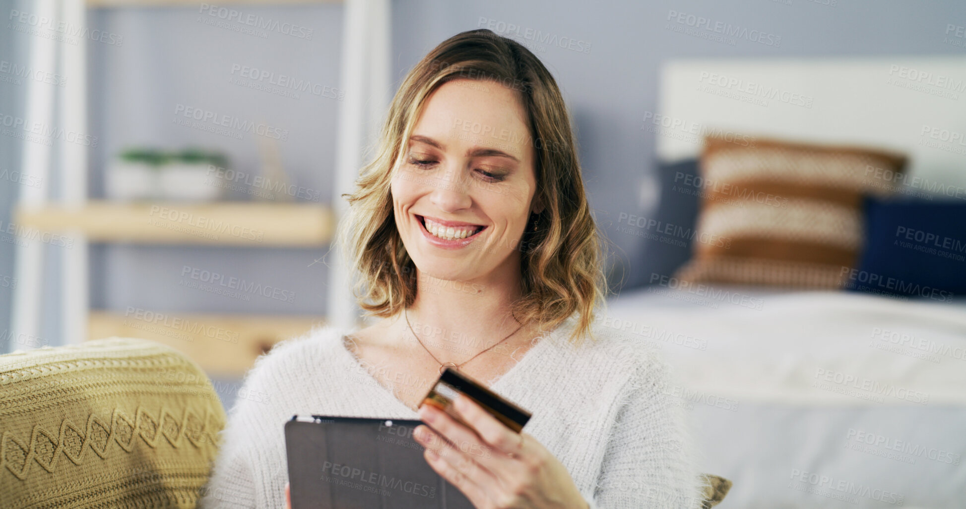 Buy stock photo Tablet, credit card and happy woman in home for payment, internet banking or online shopping. Tech, debit and person with app for financial deposit, ecommerce and investment with savings account