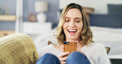 Buy stock photo Cellphone, relax and woman on sofa in home for networking, social media or contact on mobile app. Happy, technology and female person with phone for online communication in living room at house.