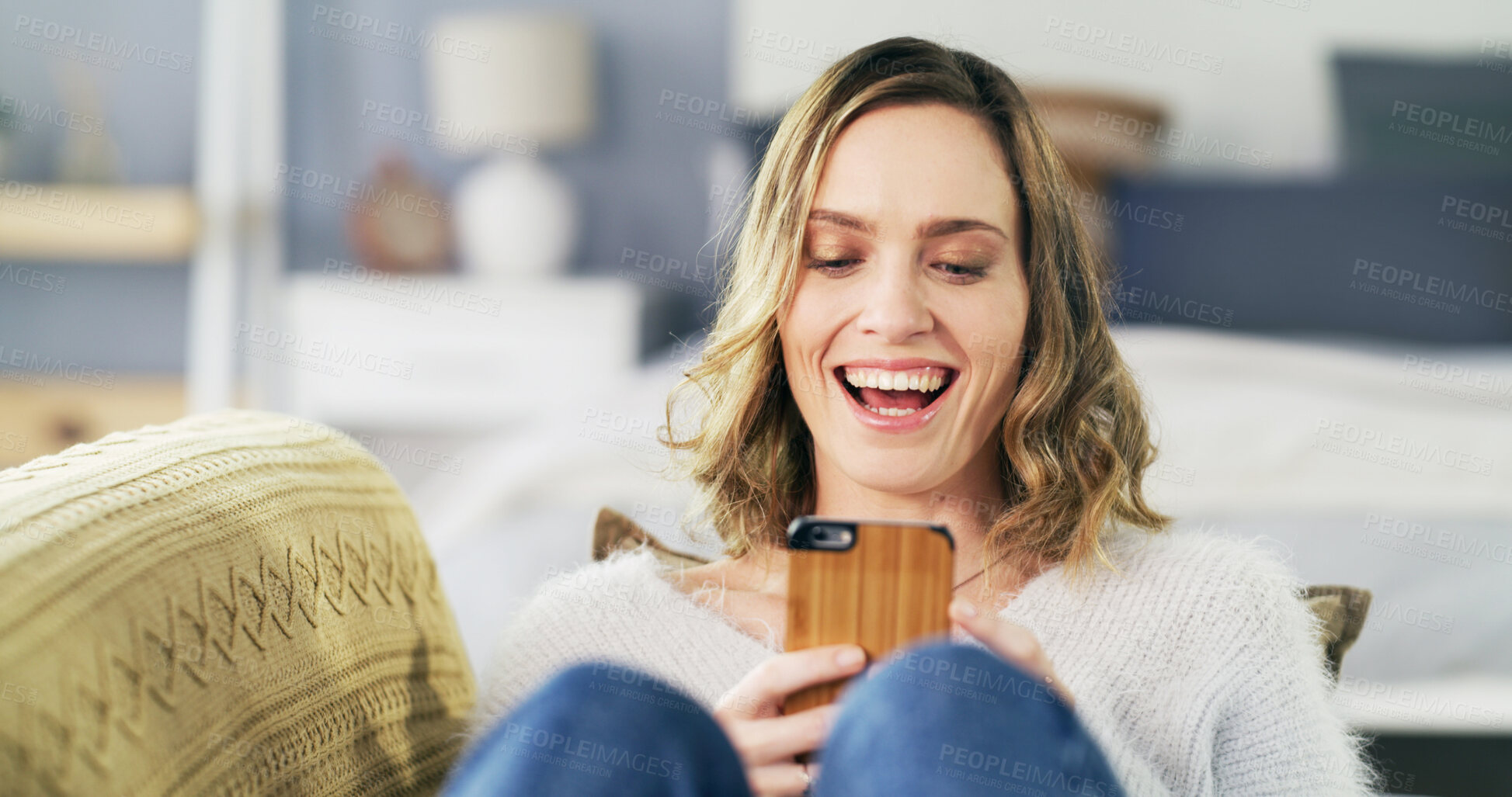 Buy stock photo Cellphone, relax and woman on sofa in home for networking, social media or contact on mobile app. Happy, technology and female person with phone for online communication in living room at house.
