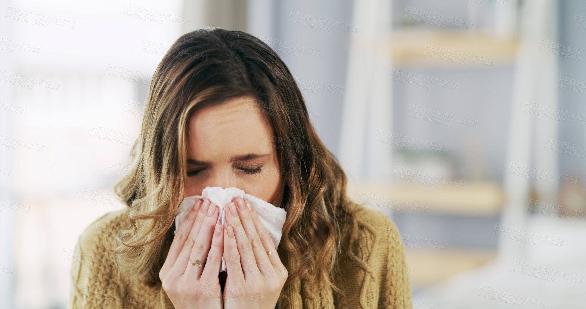 Buy stock photo Tissue, blocked nose and woman in home with flu, hay fever or sick in recovery. Allergy, sinus and person in house with toilet paper, symptoms and nasal congestion in spring season for weather change