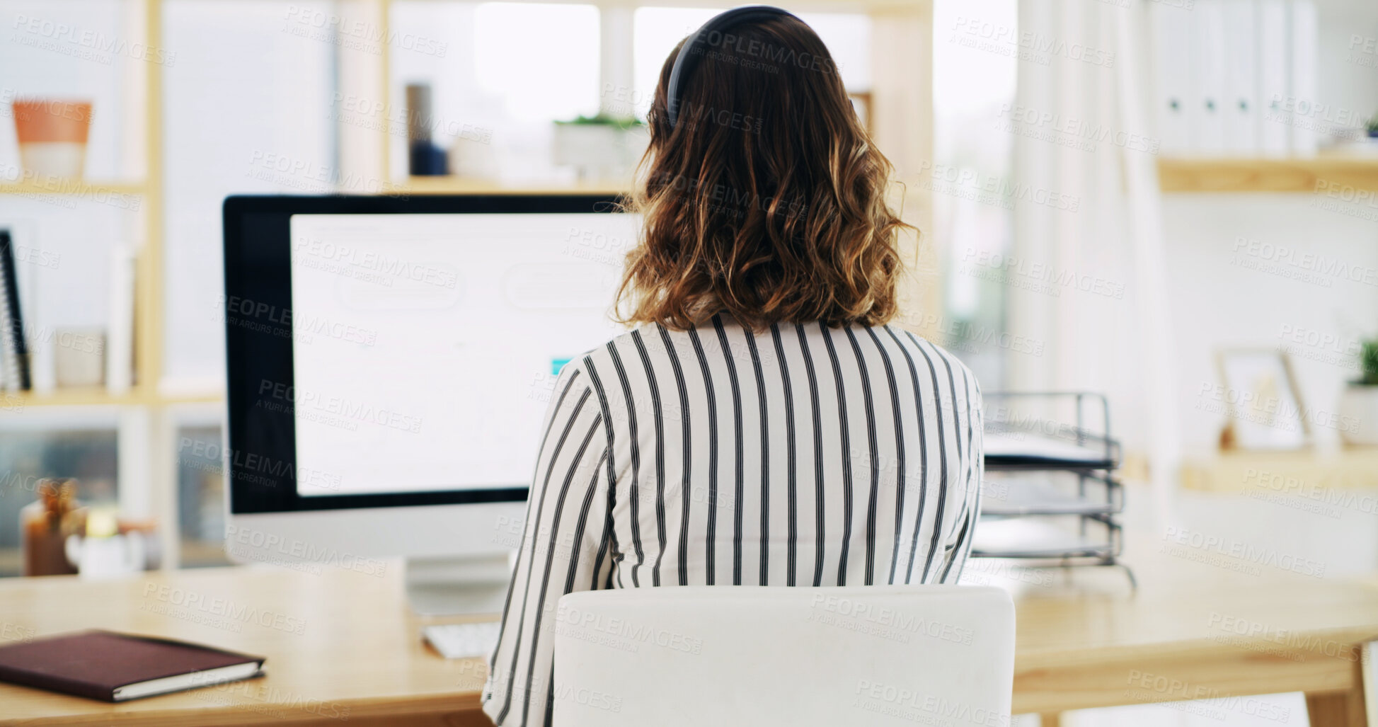 Buy stock photo Back, computer screen and woman in home office with headset, telecoms or research in remote work. Digital, email and virtual assistant in living room with tech, coordination or schedule in online job