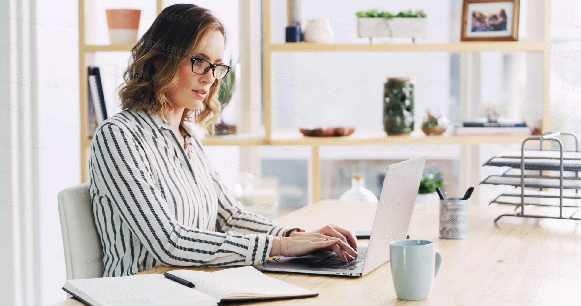 Buy stock photo Laptop, typing and business woman in workplace for email, risk management or insurance policy. Computer, reading and serious broker on internet in office for financial coverage, research or project