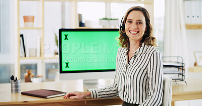 Buy stock photo Portrait, consultant and happy woman in call center with green screen for language translation. Multilingual support agent, headset or employee with space, customer service or contact us at help desk
