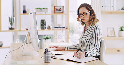 Buy stock photo Computer, writing notes and business woman in office for research, financial info or review project. Technology, pen and broker with notebook in workplace for investment, budget or schedule online
