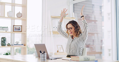 Buy stock photo Laptop, smile and success with business woman at desk in office for celebration of goals or target. Cheering, hands raised and winner with happy employee in workplace for achievement or milestone