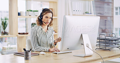 Buy stock photo Computer, headset and manager woman in call center for assistance, consulting or feedback. Contact us, help and support with employee at desk in office for customer service, communication or update