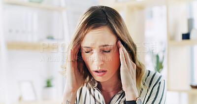 Buy stock photo Worry, woman and pain of headache at house with debt, mental health crisis and finance burnout. Tired, female person and discomfort of migraine, brain fog and dizzy for stress for mortgage bankruptcy