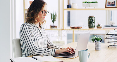 Buy stock photo Laptop, typing and business woman in office for email, risk management or insurance policy. Computer, reading and serious broker on internet in workplace for financial coverage, research or project