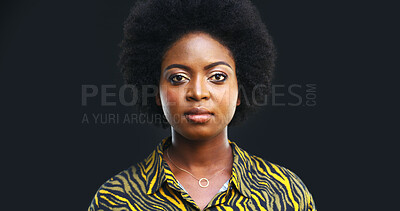 Buy stock photo Black woman, portrait or business in studio with dark background, employee ID or security for about us. Pride, serious or African person for staff with space, professional or confident for mission