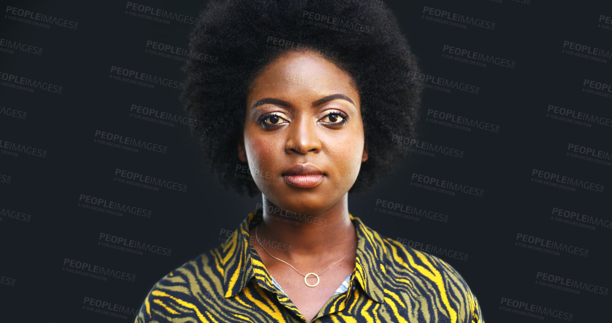 Buy stock photo Black woman, portrait or business in studio with dark background, employee ID or security for about us. Pride, serious or African person for staff with space, professional or confident for mission