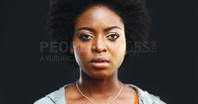 Buy stock photo Serious, face or black woman in studio for ID picture, staff card or about us for company access. Portrait, calm or business person in startup job, space or visual identification on dark background