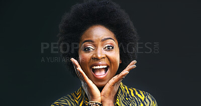 Buy stock photo Happy, surprise or African woman in studio with beauty makeover, facial cosmetics or treatment. Excited, makeup transformation or female person with space, wow or portrait on black background.