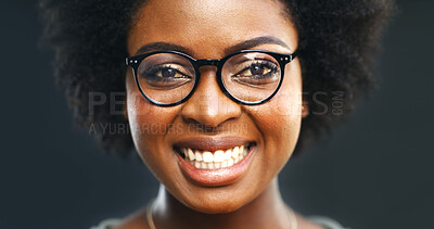 Buy stock photo Optometry, portrait and smile of black woman in studio for fitting of prescription frame lenses. Glasses, test and vision with happy African model on dark background for eye exam or ophthalmology
