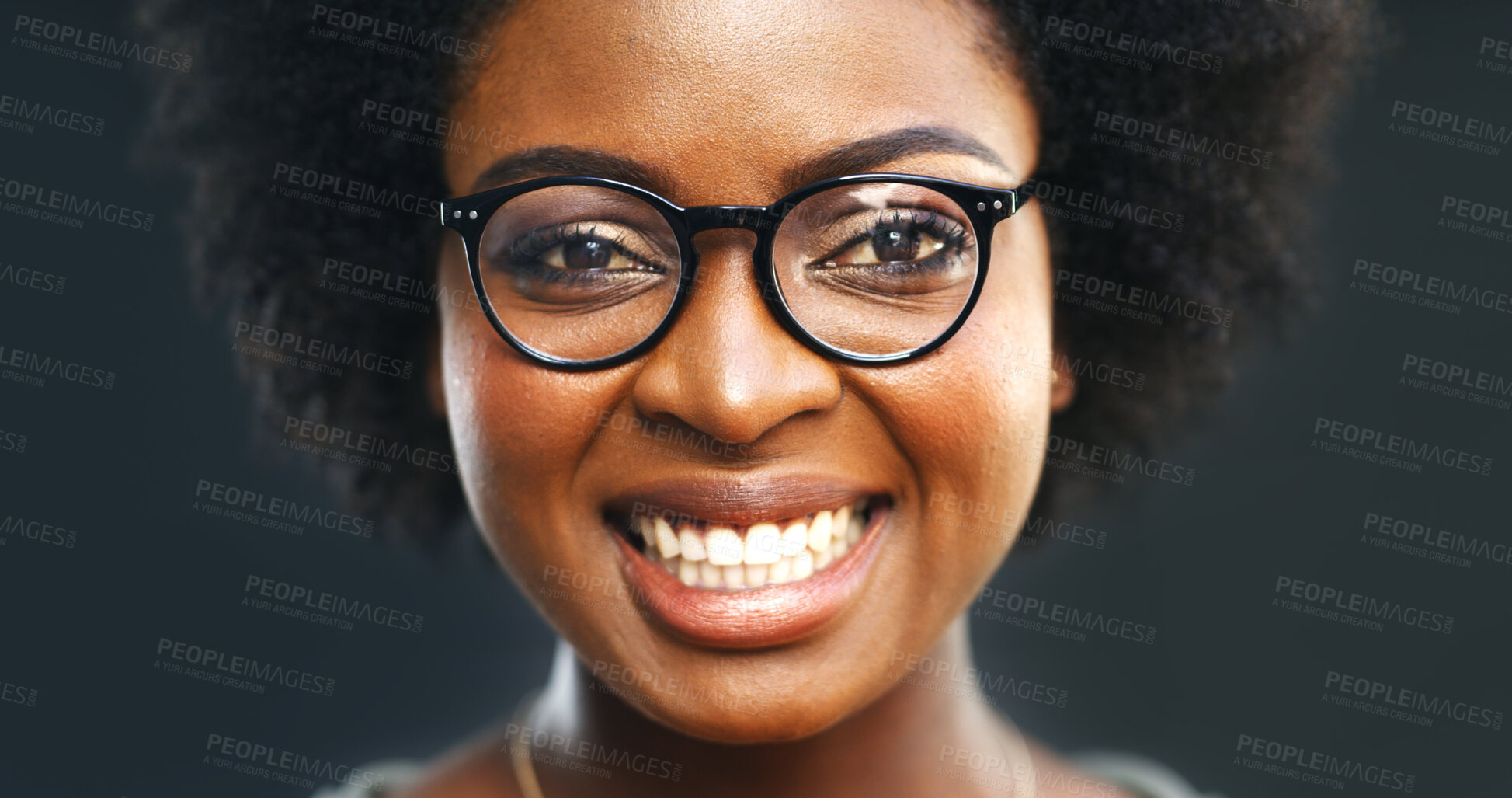 Buy stock photo Optometry, portrait and smile of black woman in studio for fitting of prescription frame lenses. Glasses, test and vision with happy African model on dark background for eye exam or ophthalmology