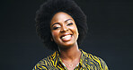 Black woman, laugh and hair care with portrait in studio for afro, natural growth and textures. Smile, female person and beauty cosmetics of scalp care, healthy shine and treatment on dark background