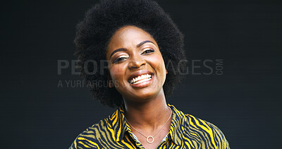 Buy stock photo Black woman, laugh and hair care with portrait in studio for afro, natural growth and textures. Smile, female person and cosmetics for scalp routine, healthy shine and treatment on dark background